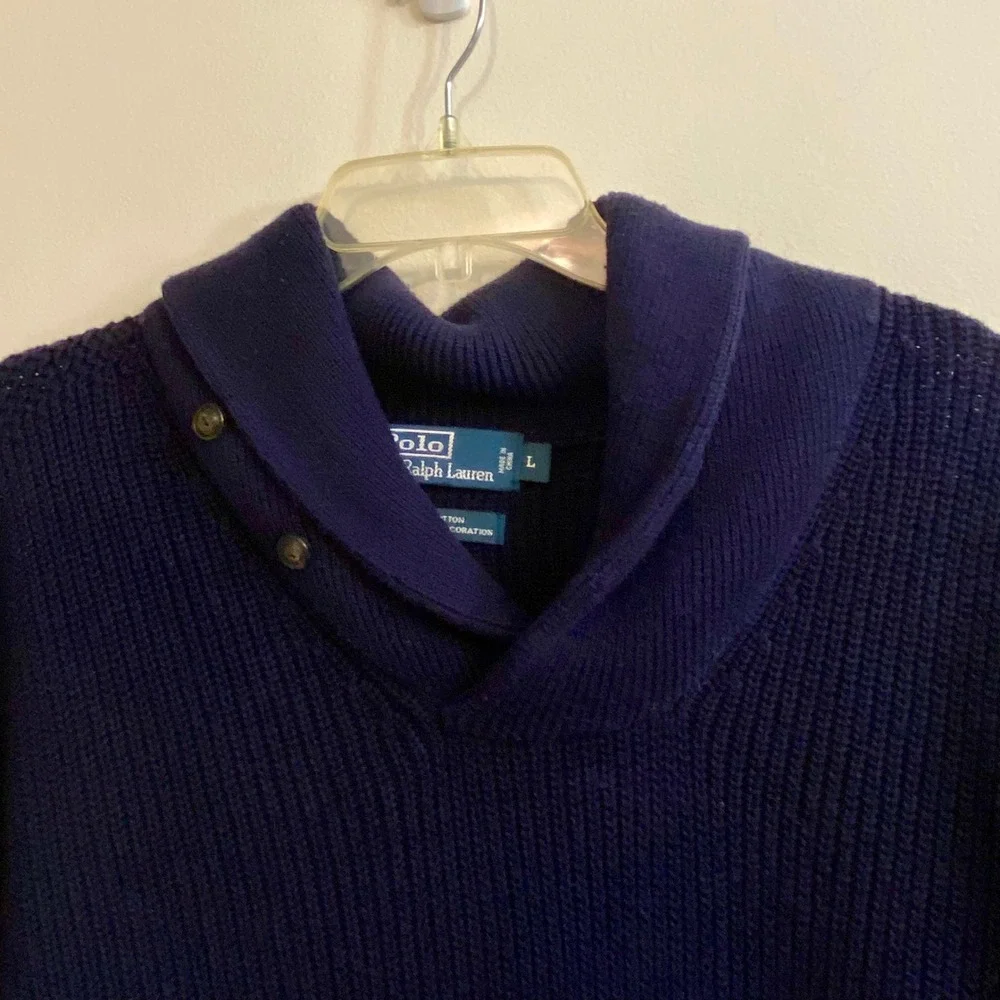 Polo Ralph Lauren Shawl Collar Sweater Mens L Blue Ribbed Knit Button Pullover